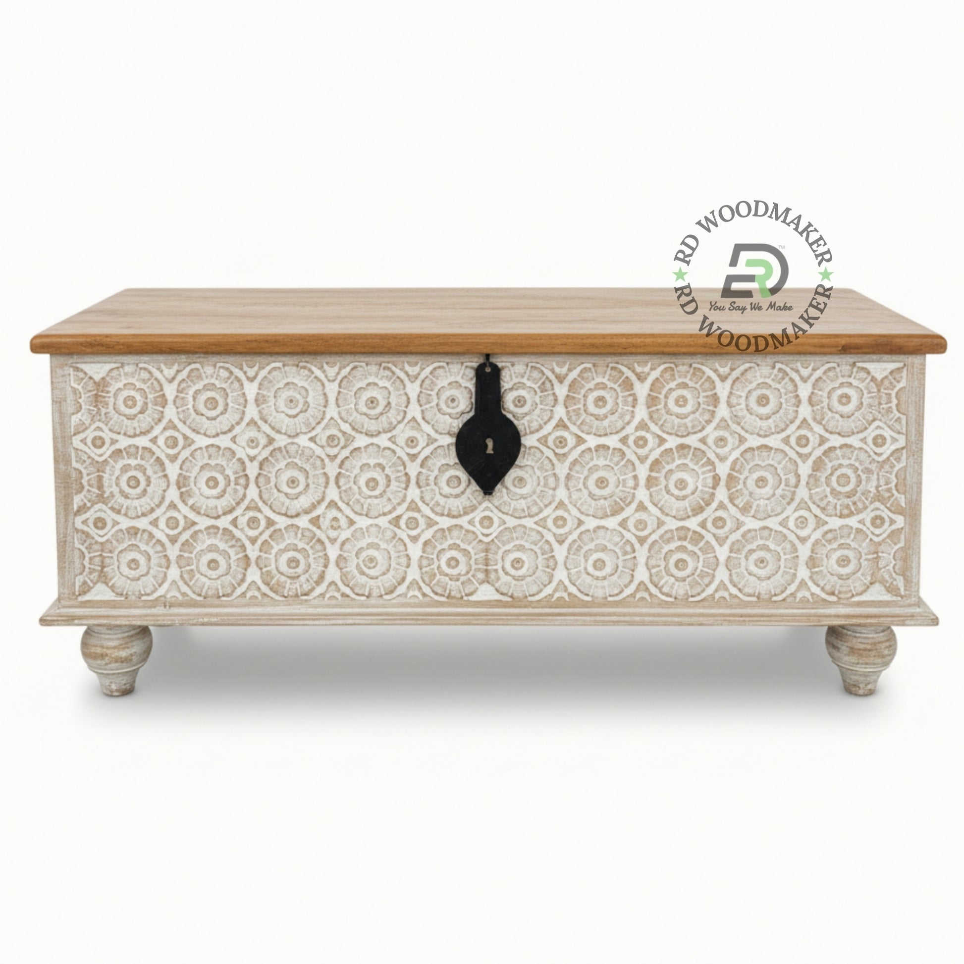 HANDCARVED WHITE WASH FLORAL DESIGN WOODEN STORAGE TRUNK