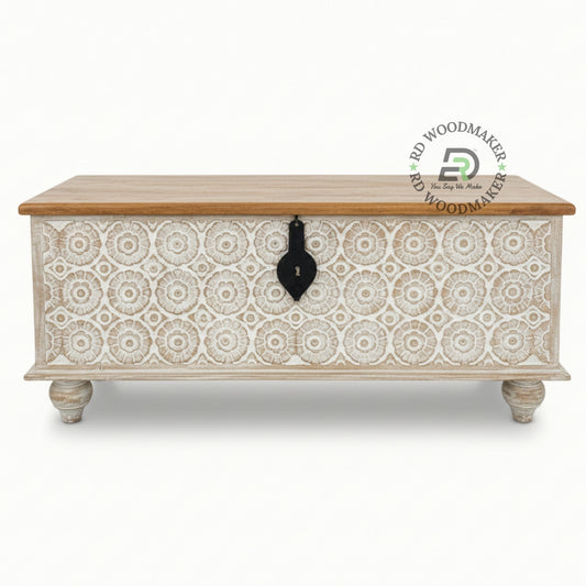 HANDCARVED WHITE WASH FLORAL DESIGN WOODEN STORAGE TRUNK