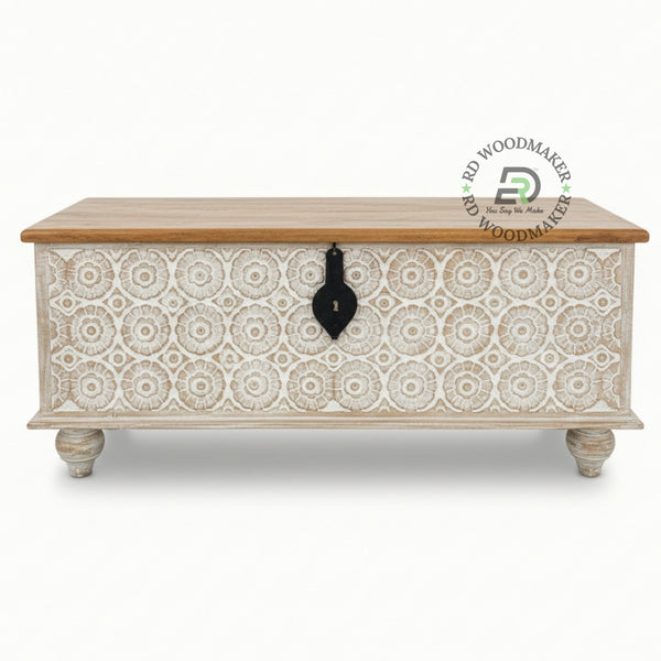HANDCARVED WHITE WASH FLORAL DESIGN WOODEN STORAGE TRUNK