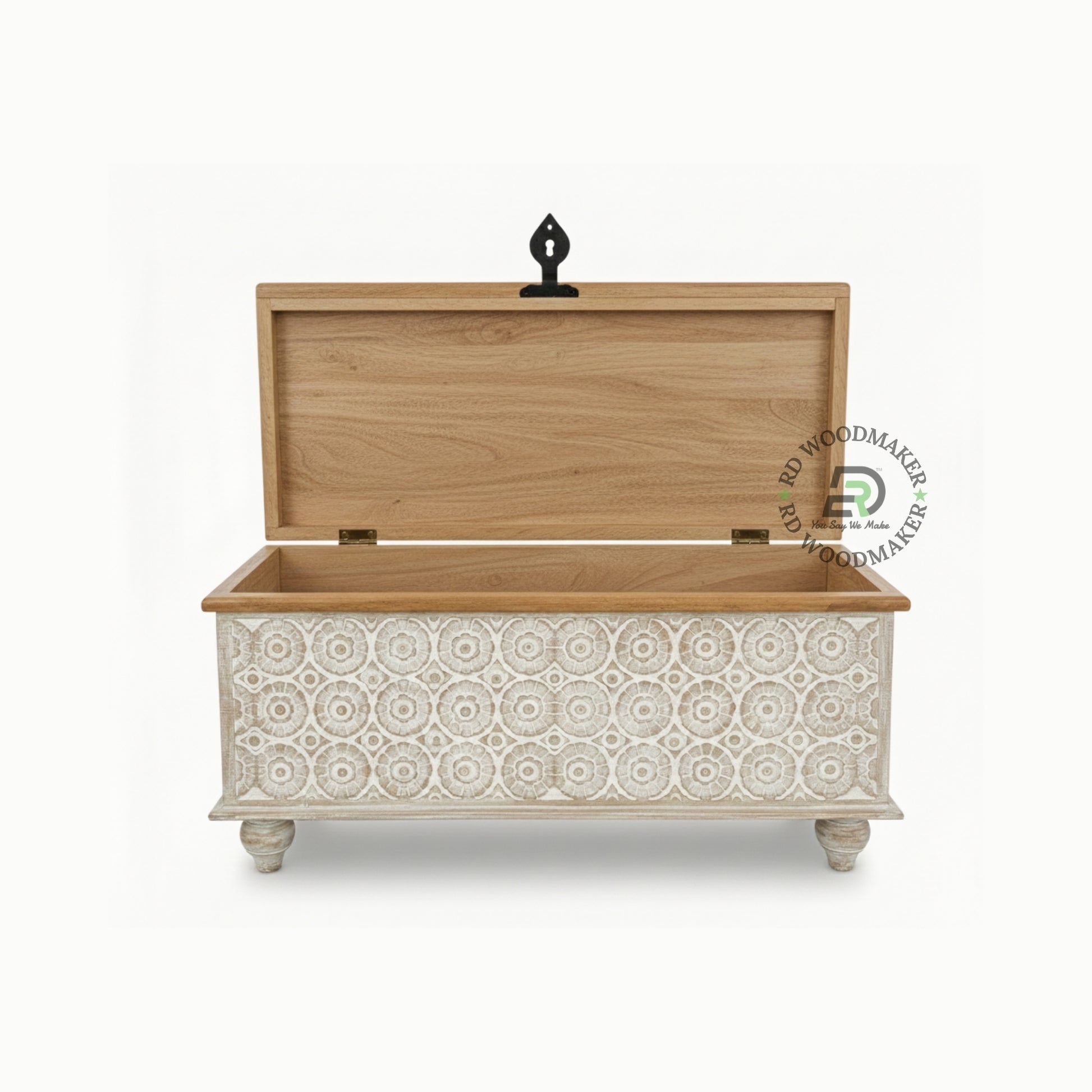 HANDCARVED WHITE WASH FLORAL DESIGN WOODEN STORAGE TRUNK