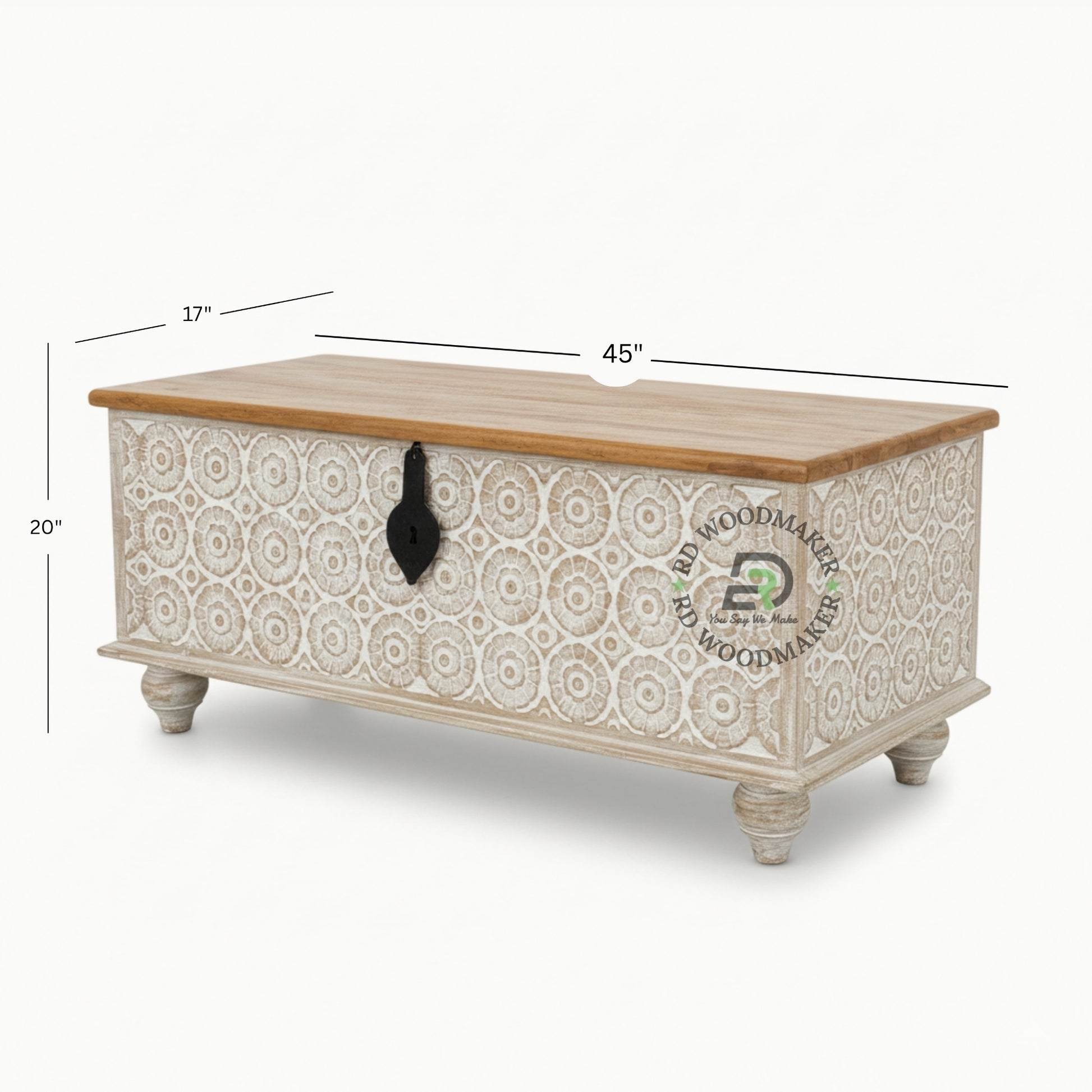HANDCARVED WHITE WASH FLORAL DESIGN WOODEN STORAGE TRUNK