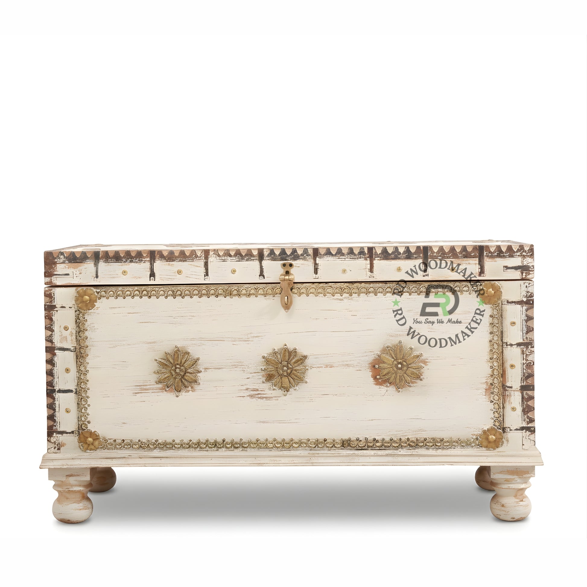 RUSTIC WHITE DISTRESSED HANDCRAFTED STORAGE TRUNK WITH METAL DETAILING
