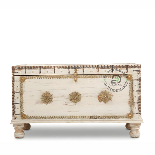 RUSTIC WHITE DISTRESSED HANDCRAFTED STORAGE TRUNK WITH METAL DETAILING