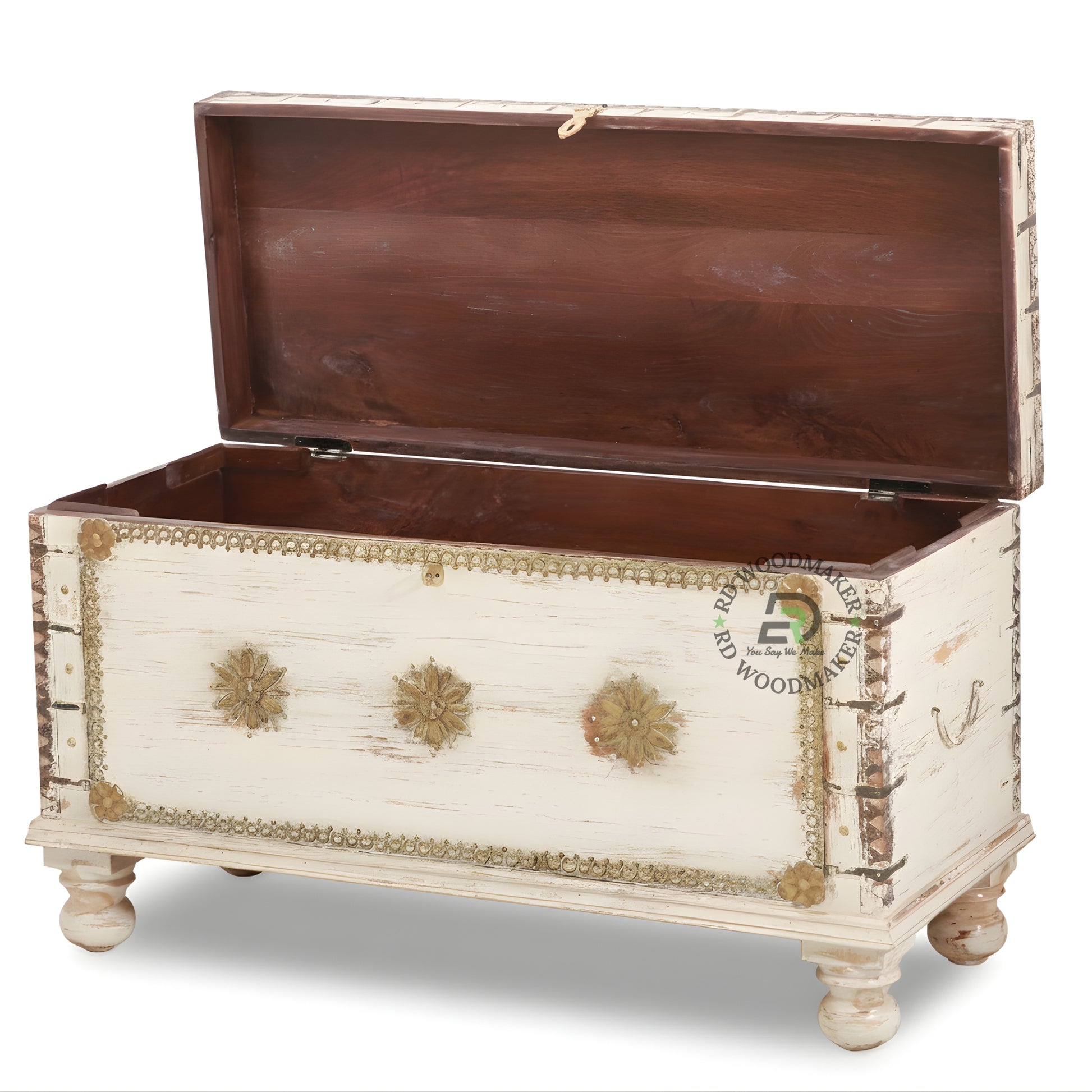 RUSTIC WHITE DISTRESSED HANDCRAFTED STORAGE TRUNK WITH METAL DETAILING