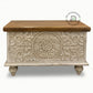 COMPACT HANDCARVED FLORAL WOODEN STORAGE TRUNK WITH NATURAL TOP