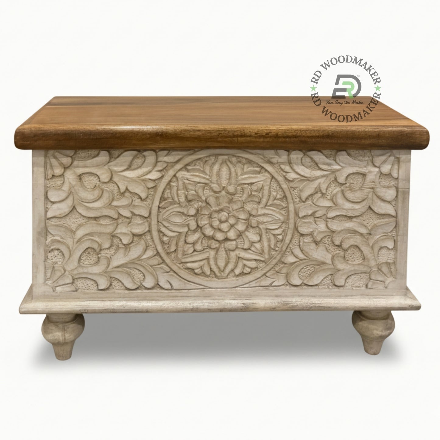 COMPACT HANDCARVED FLORAL WOODEN STORAGE TRUNK WITH NATURAL TOP