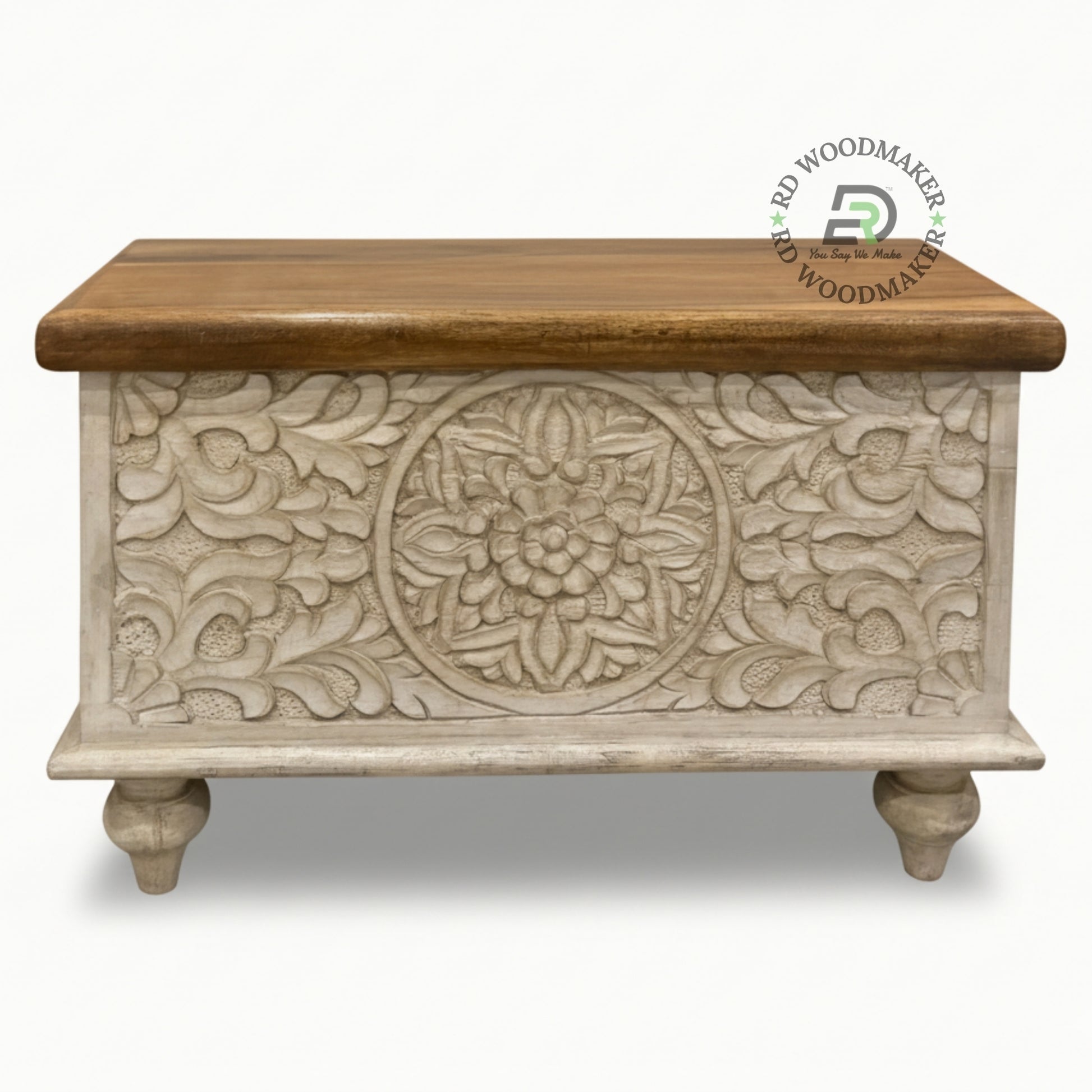COMPACT HANDCARVED FLORAL WOODEN STORAGE TRUNK WITH NATURAL TOP