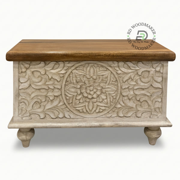 COMPACT HANDCARVED FLORAL WOODEN STORAGE TRUNK WITH NATURAL TOP