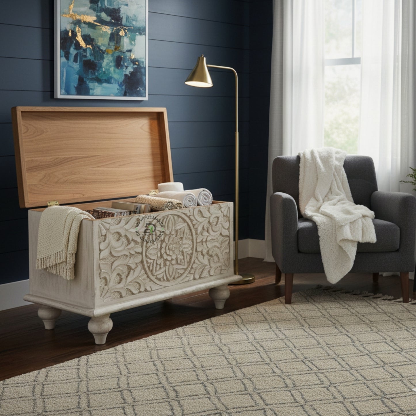 COMPACT HANDCARVED FLORAL WOODEN STORAGE TRUNK WITH NATURAL TOP