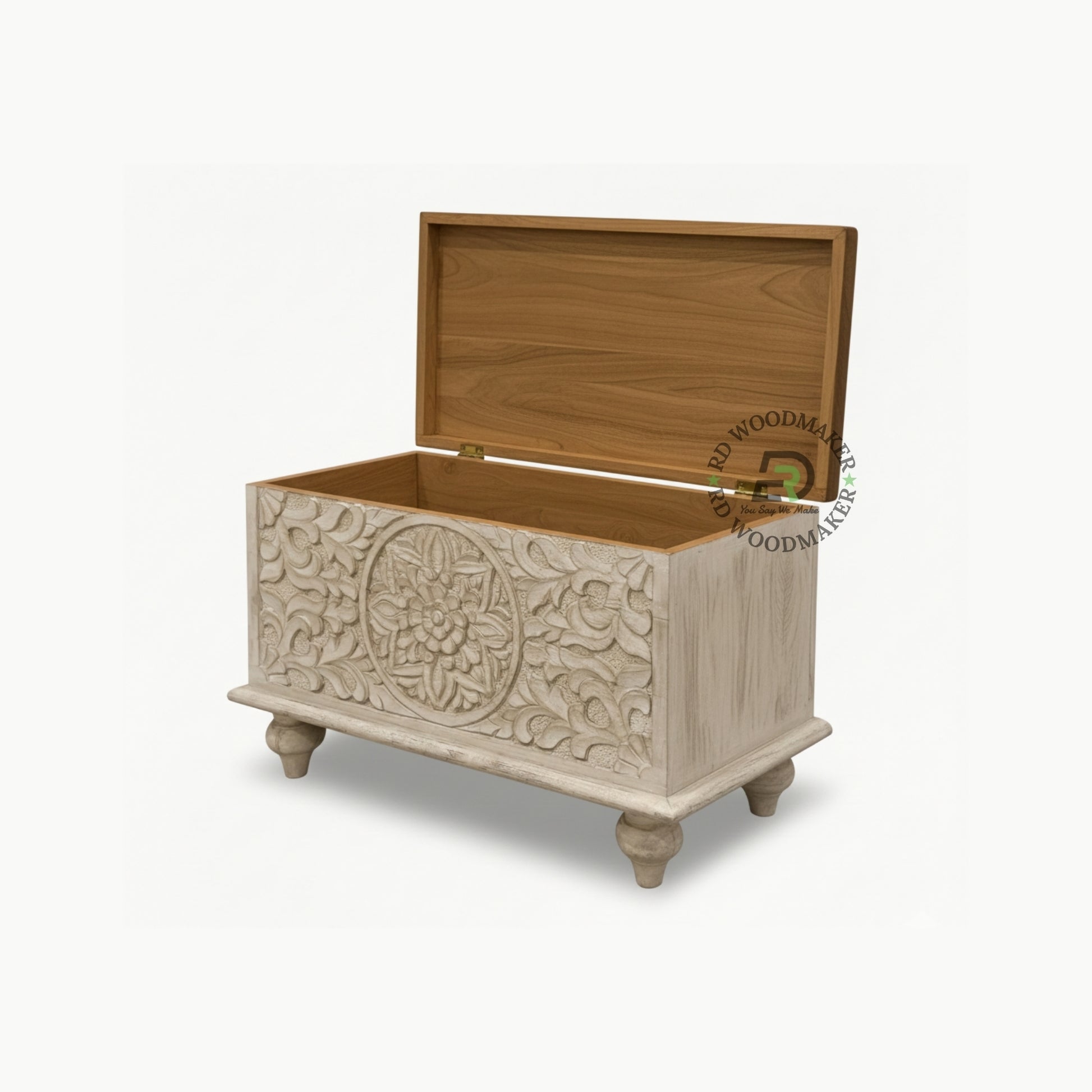 COMPACT HANDCARVED FLORAL WOODEN STORAGE TRUNK WITH NATURAL TOP
