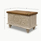 COMPACT HANDCARVED FLORAL WOODEN STORAGE TRUNK WITH NATURAL TOP
