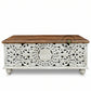 HAND-CARVED DISTRESSED WHITE FLORAL WOODEN STORAGE TRUNK
