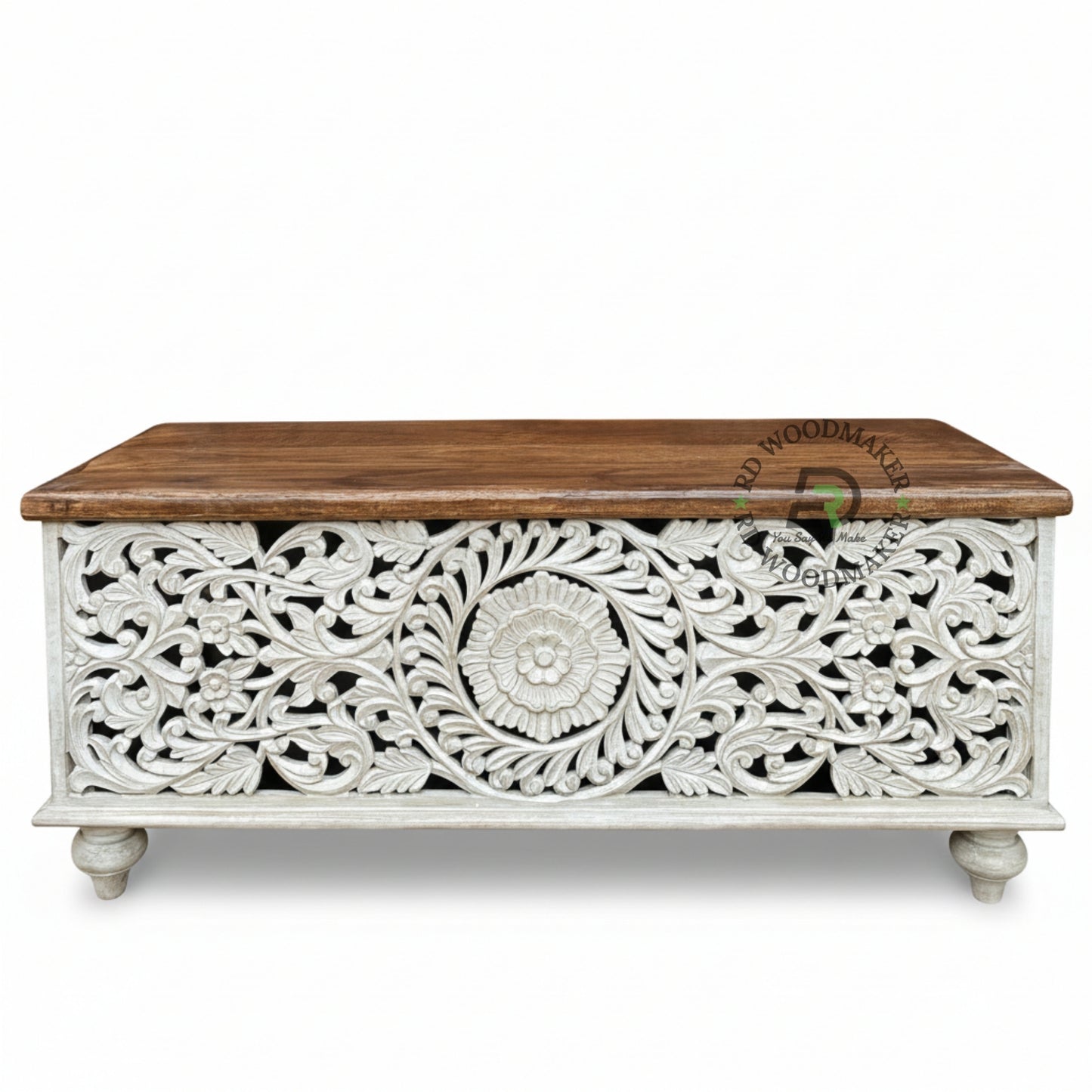 HAND-CARVED DISTRESSED WHITE FLORAL WOODEN STORAGE TRUNK