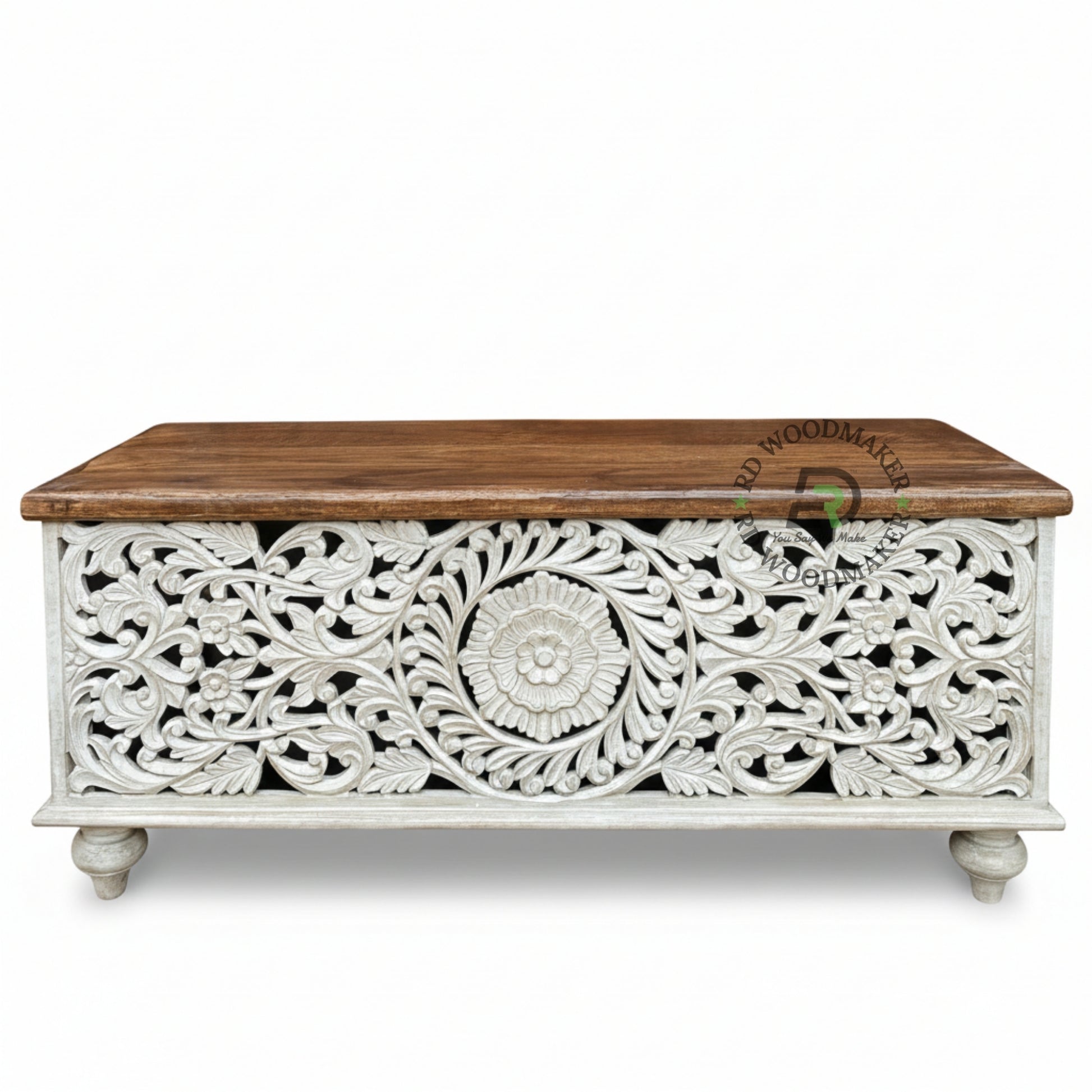 HAND-CARVED DISTRESSED WHITE FLORAL WOODEN STORAGE TRUNK