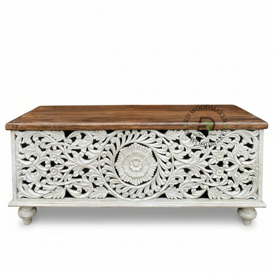 HAND-CARVED DISTRESSED WHITE FLORAL WOODEN STORAGE TRUNK