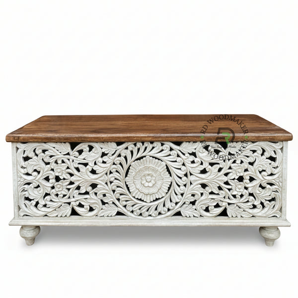 HAND-CARVED DISTRESSED WHITE FLORAL WOODEN STORAGE TRUNK