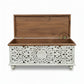 HAND-CARVED DISTRESSED WHITE FLORAL WOODEN STORAGE TRUNK
