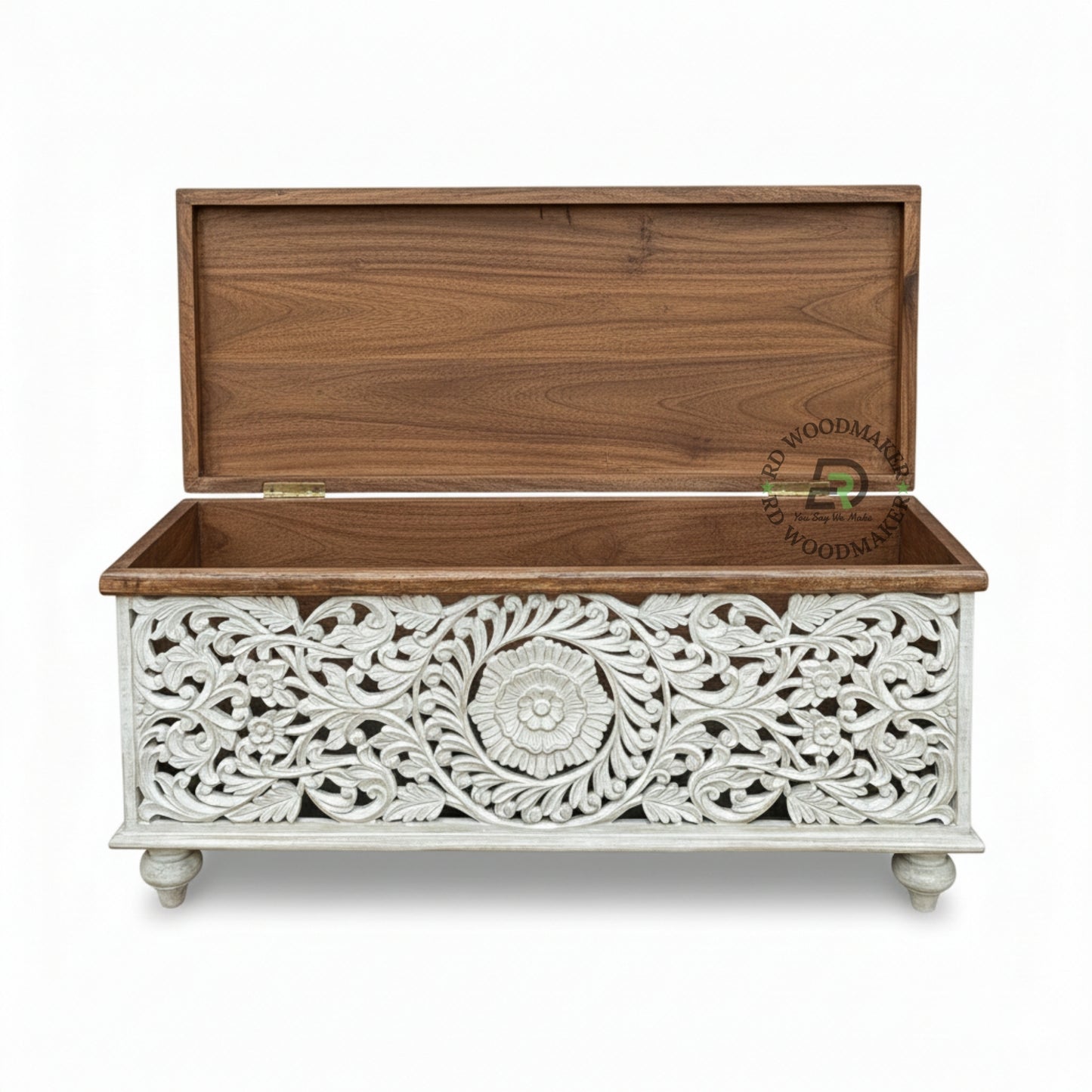 HAND-CARVED DISTRESSED WHITE FLORAL WOODEN STORAGE TRUNK