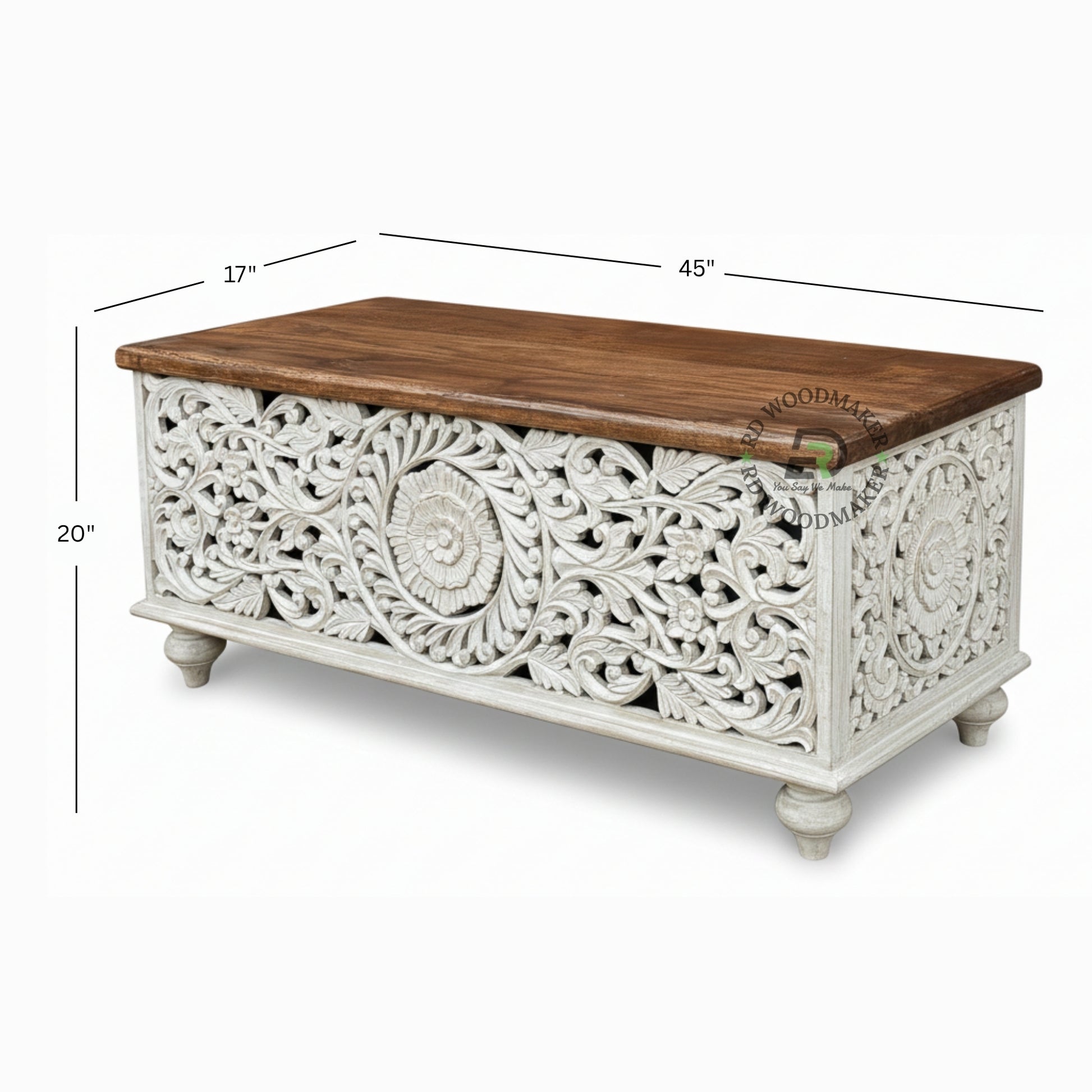 HAND-CARVED DISTRESSED WHITE FLORAL WOODEN STORAGE TRUNK