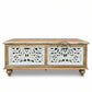 WHITE DISTRESSED CARVED PEACOCK MOTIF WOODEN TRUNK