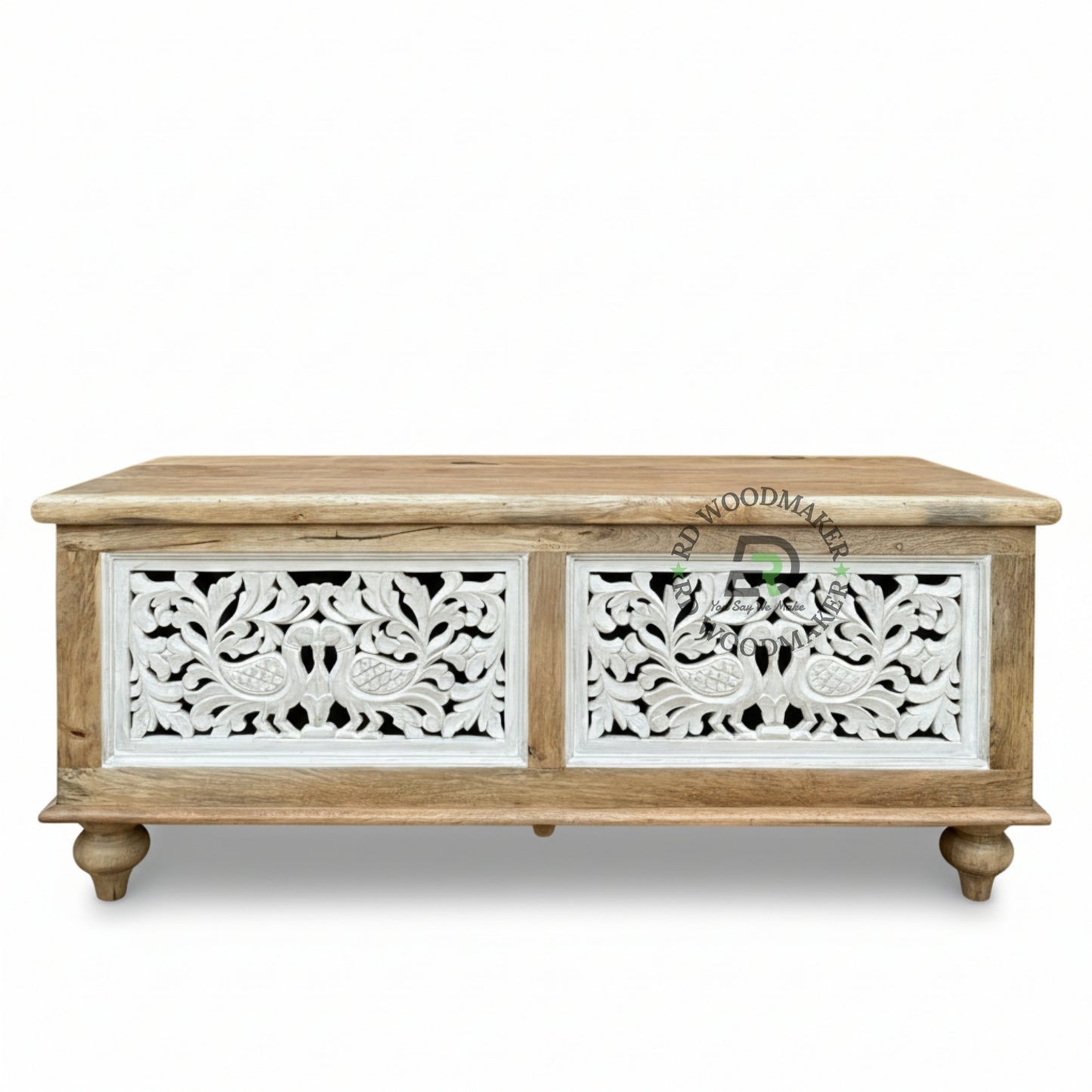 WHITE DISTRESSED CARVED PEACOCK MOTIF WOODEN TRUNK