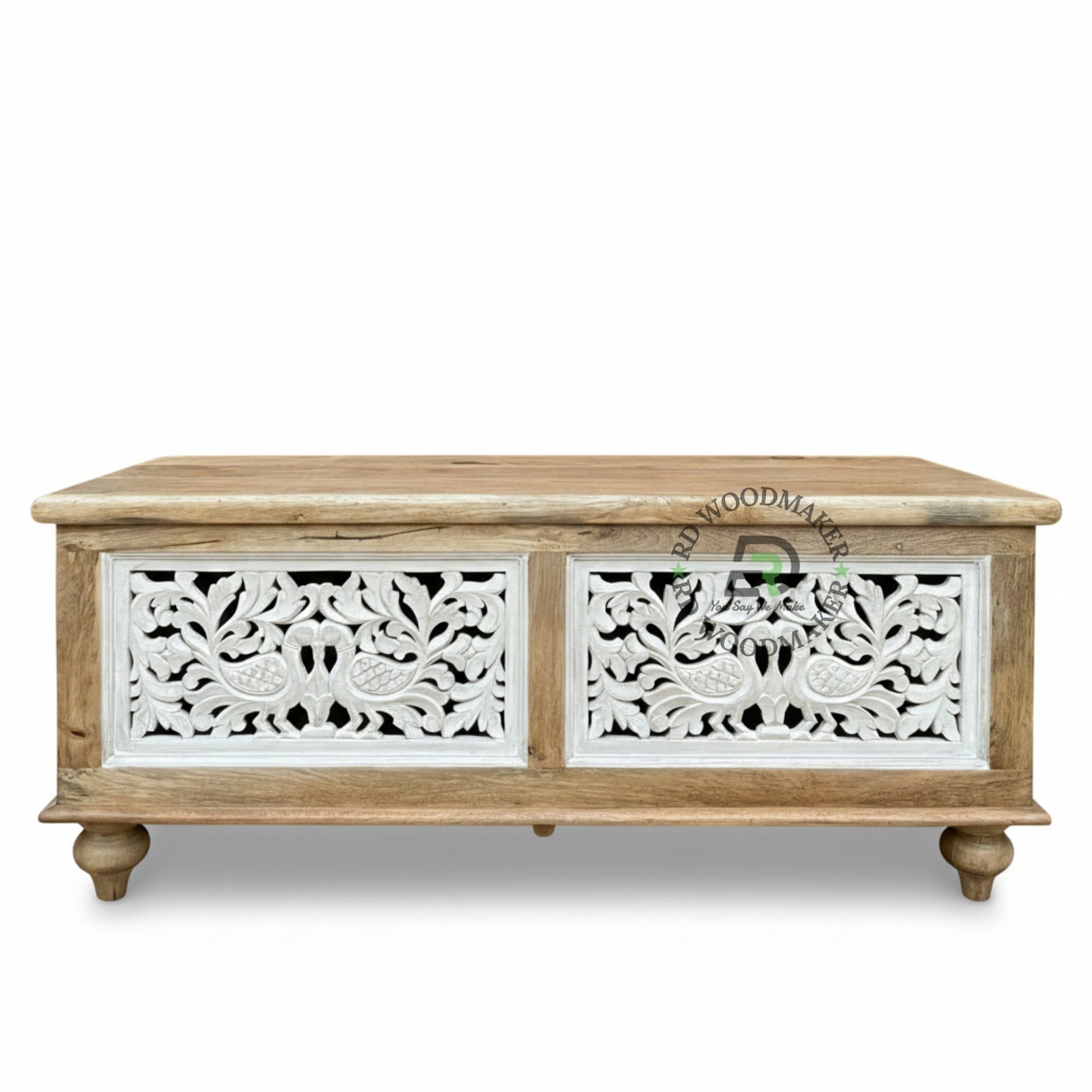 WHITE DISTRESSED CARVED PEACOCK MOTIF WOODEN TRUNK