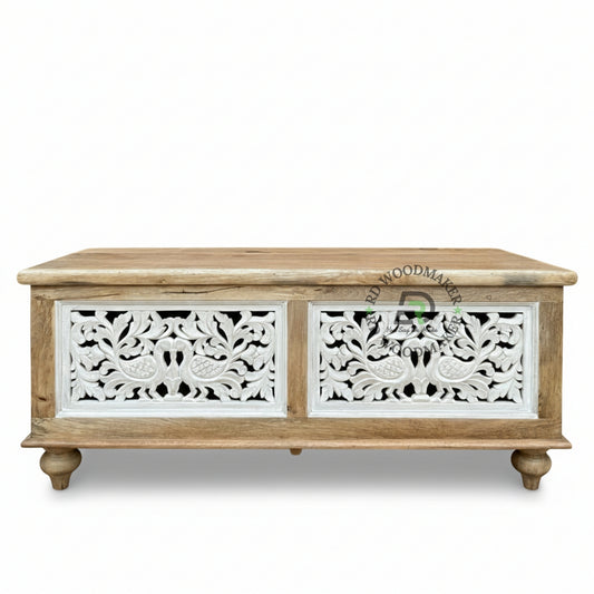 WHITE DISTRESSED CARVED PEACOCK MOTIF WOODEN TRUNK