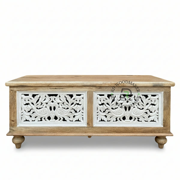 WHITE DISTRESSED CARVED PEACOCK MOTIF WOODEN TRUNK