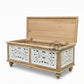 WHITE DISTRESSED CARVED PEACOCK MOTIF WOODEN TRUNK