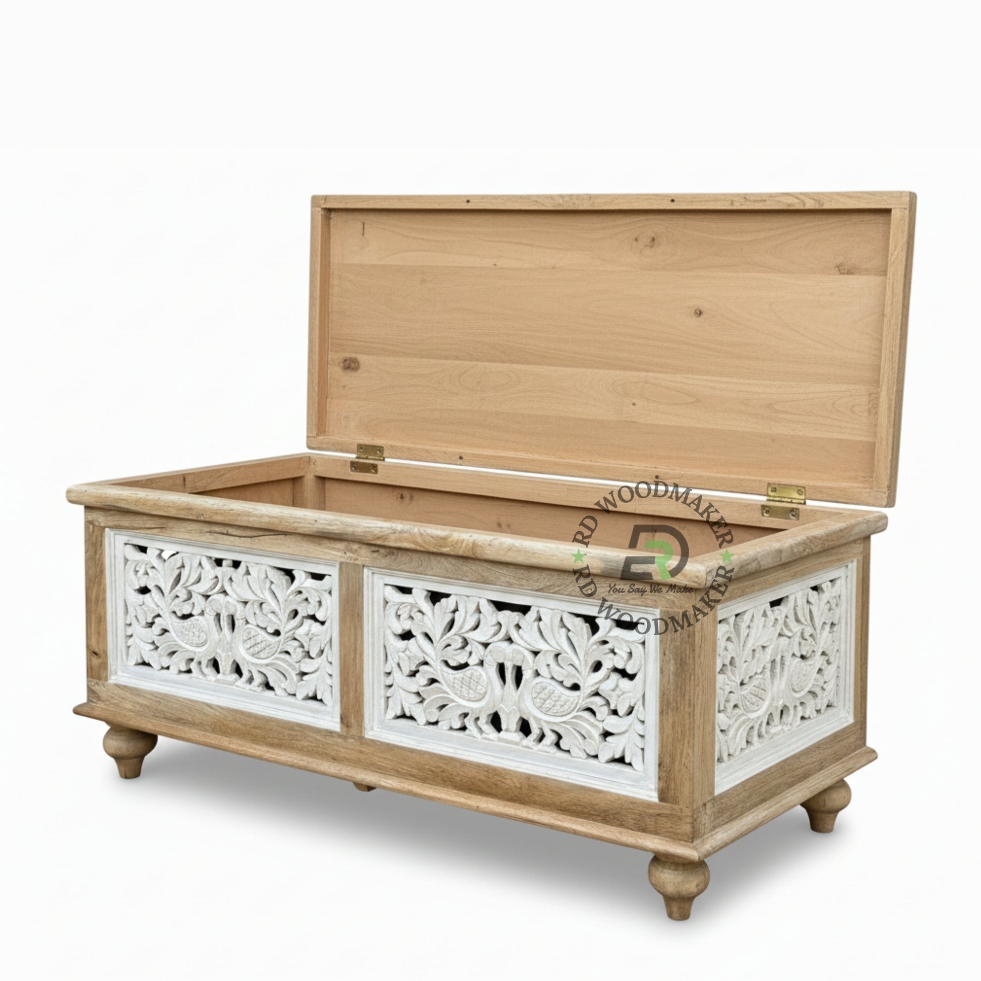 WHITE DISTRESSED CARVED PEACOCK MOTIF WOODEN TRUNK