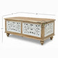 WHITE DISTRESSED CARVED PEACOCK MOTIF WOODEN TRUNK