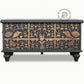 BLACK TRIBAL CARVED WOODEN STORAGE TRUNK WITH METAL HANDLES