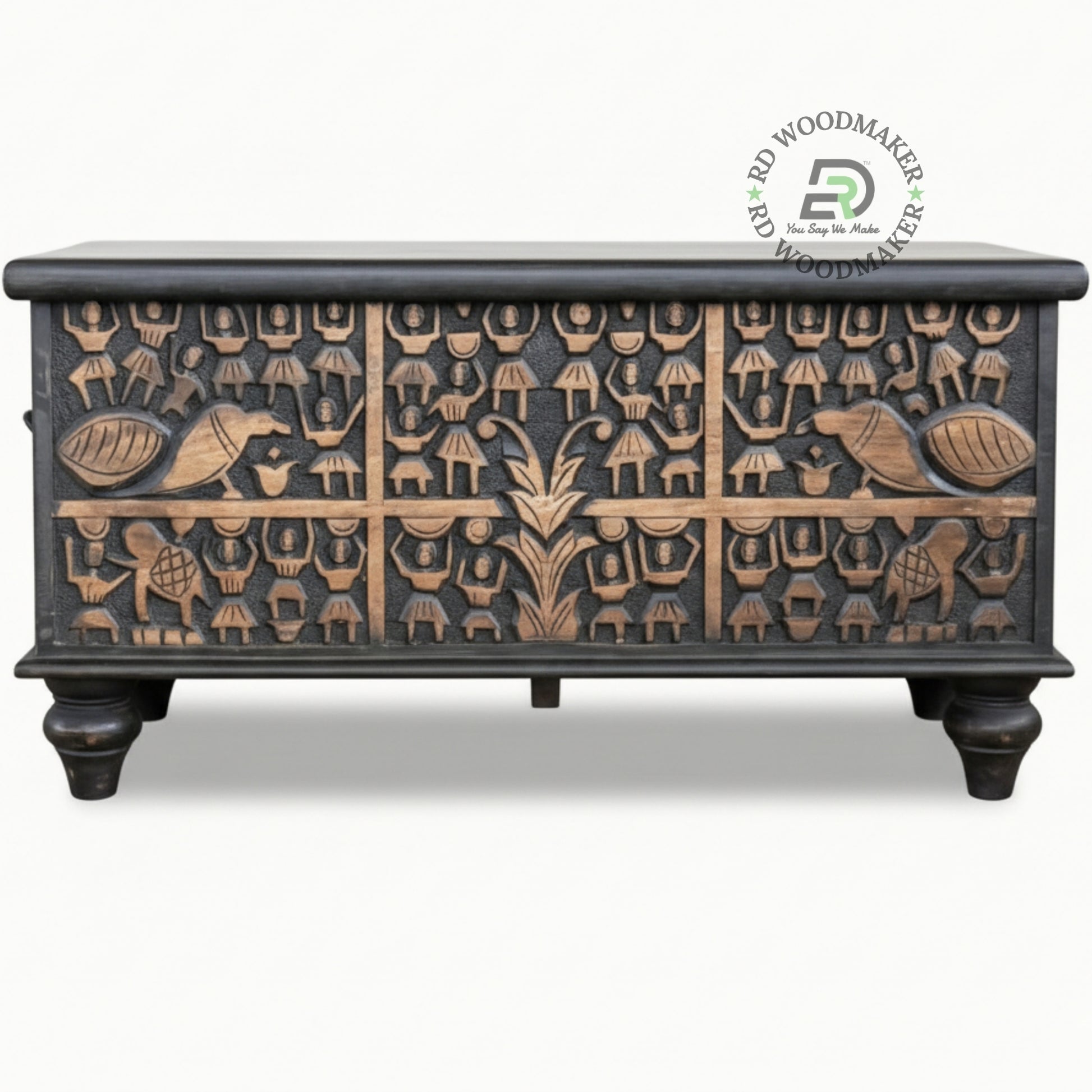BLACK TRIBAL CARVED WOODEN STORAGE TRUNK WITH METAL HANDLES