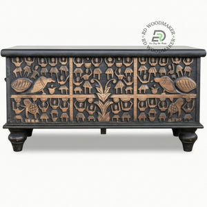 BLACK TRIBAL CARVED WOODEN STORAGE TRUNK WITH METAL HANDLES