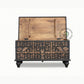 BLACK TRIBAL CARVED WOODEN STORAGE TRUNK WITH METAL HANDLES