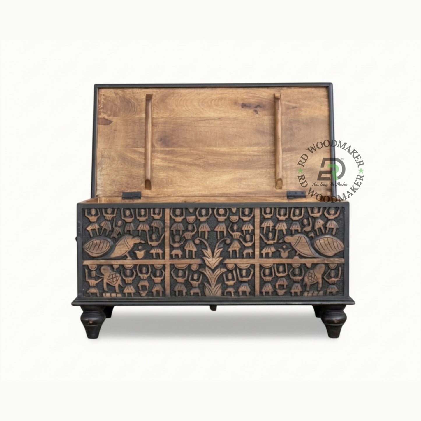 BLACK TRIBAL CARVED WOODEN STORAGE TRUNK WITH METAL HANDLES