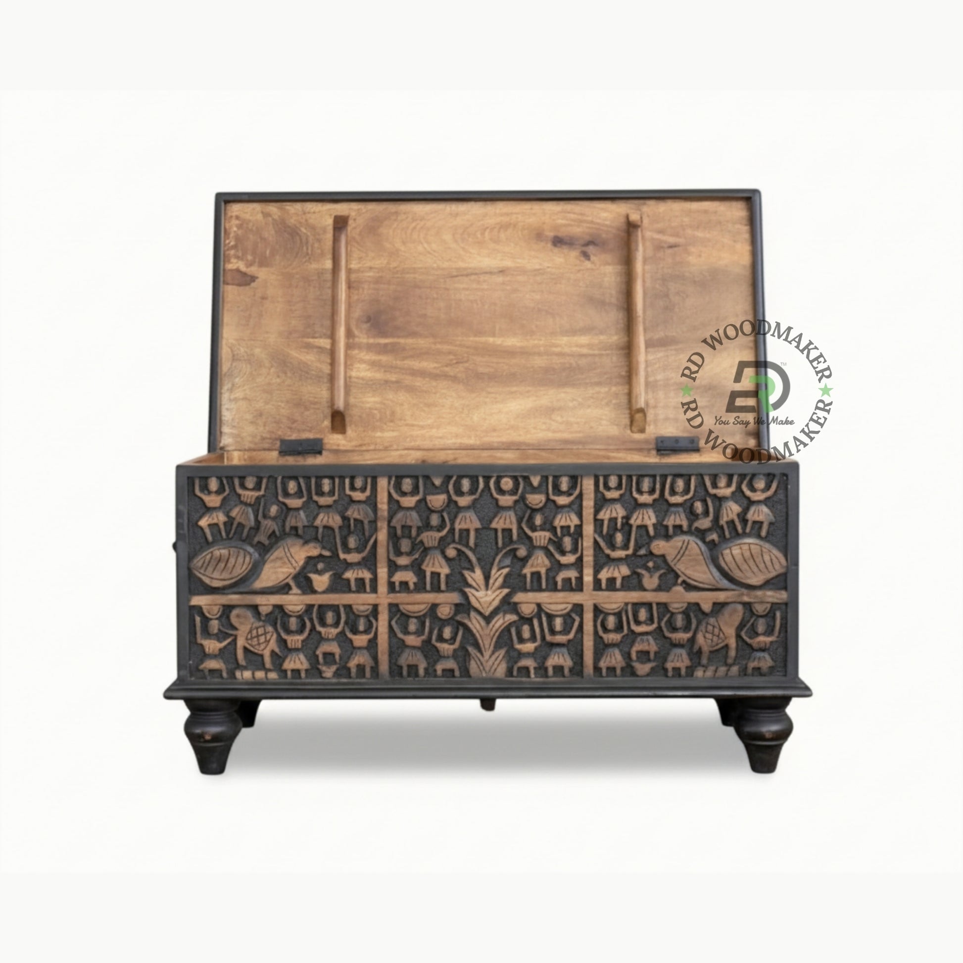BLACK TRIBAL CARVED WOODEN STORAGE TRUNK WITH METAL HANDLES