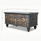 BLACK TRIBAL CARVED WOODEN STORAGE TRUNK WITH METAL HANDLES