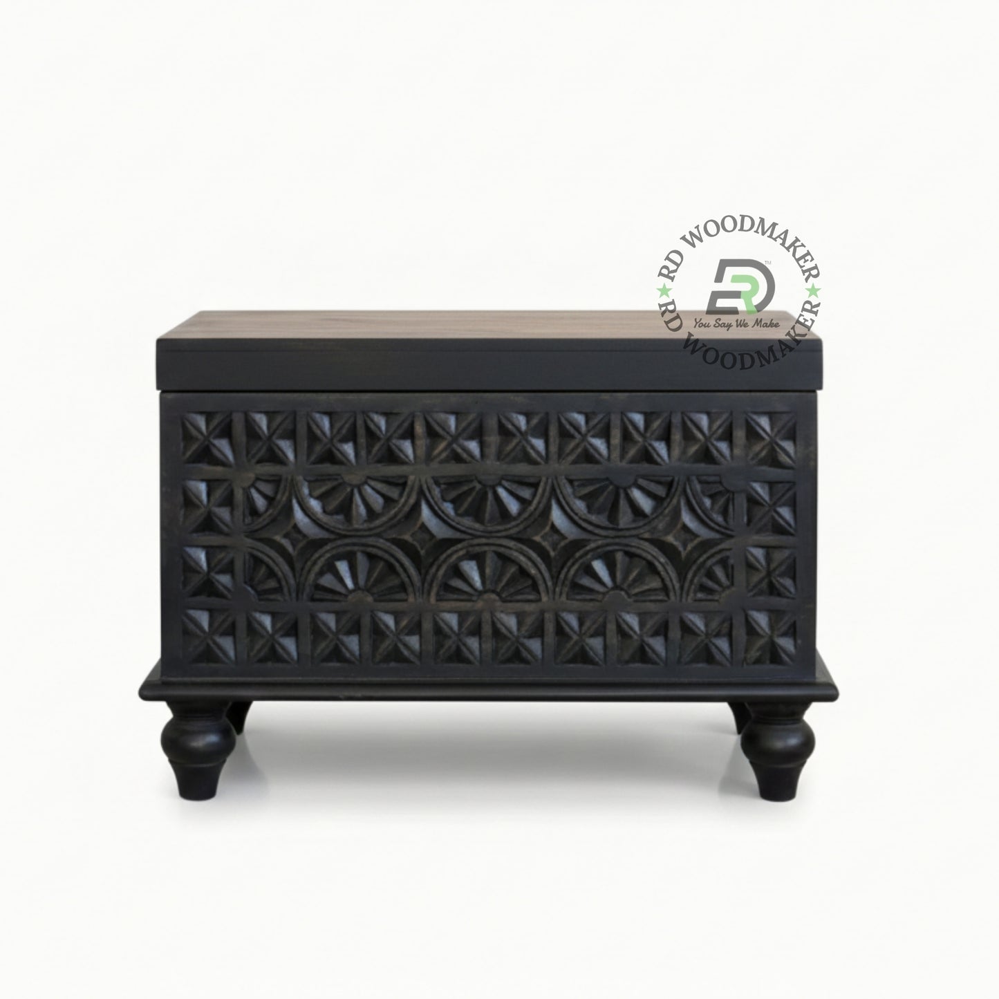 DARK WOOD GEOMETRIC CARVED COMPACT STORAGE TRUNK