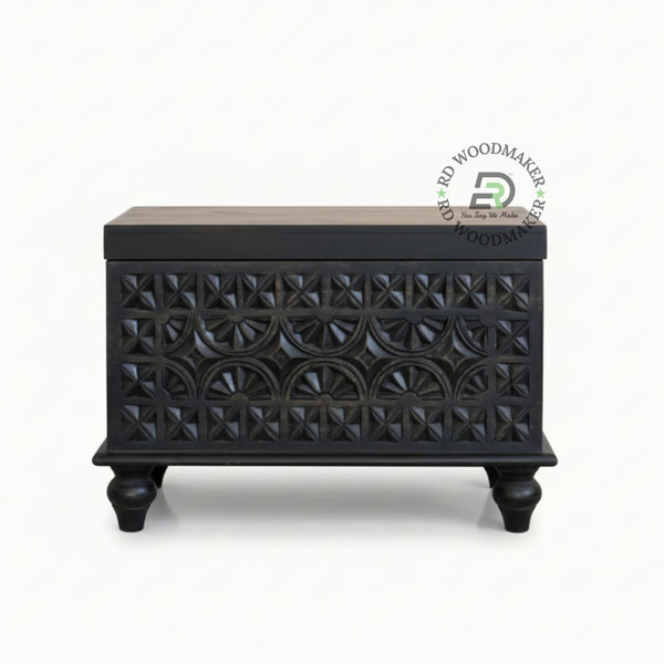 DARK WOOD GEOMETRIC CARVED COMPACT STORAGE TRUNK
