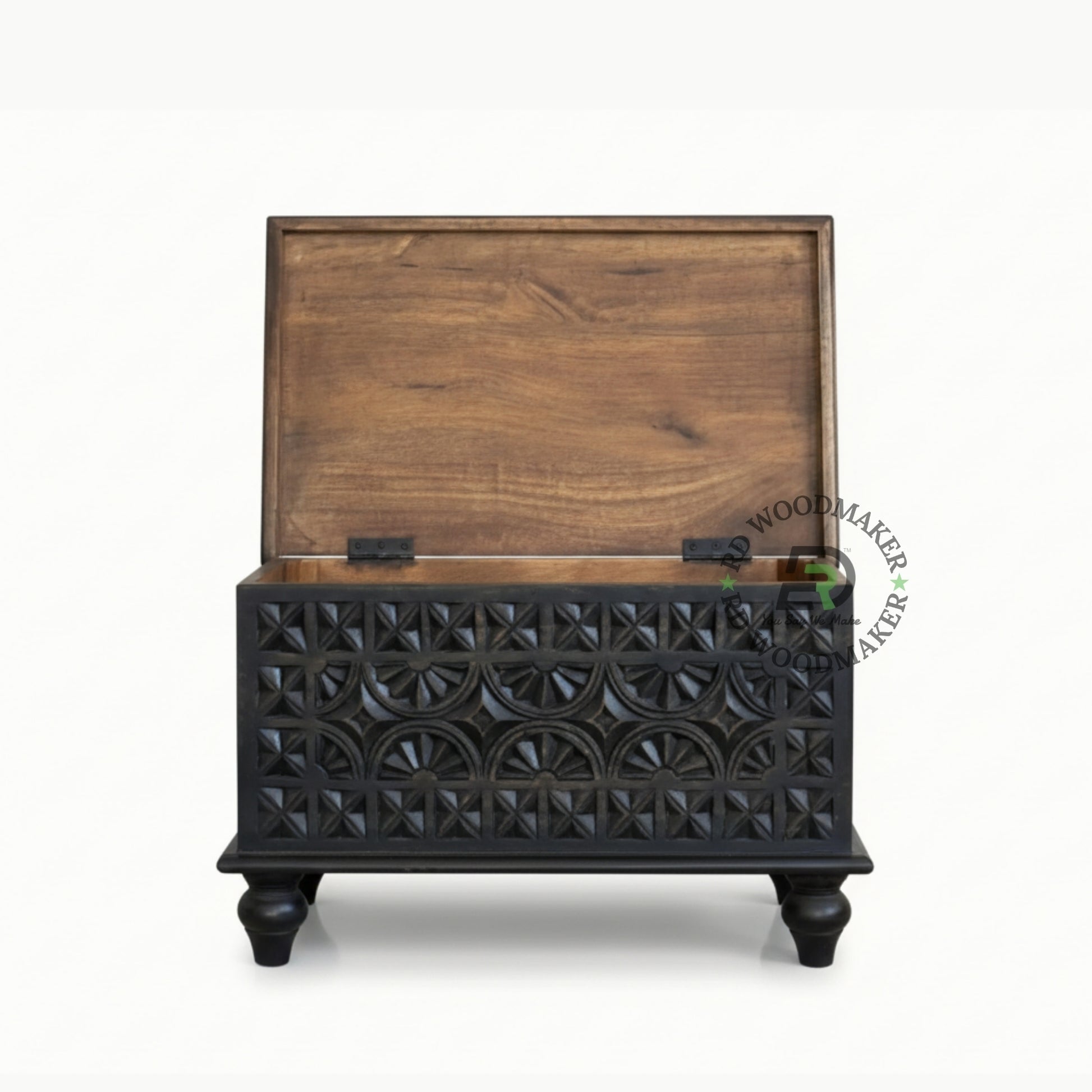 DARK WOOD GEOMETRIC CARVED COMPACT STORAGE TRUNK