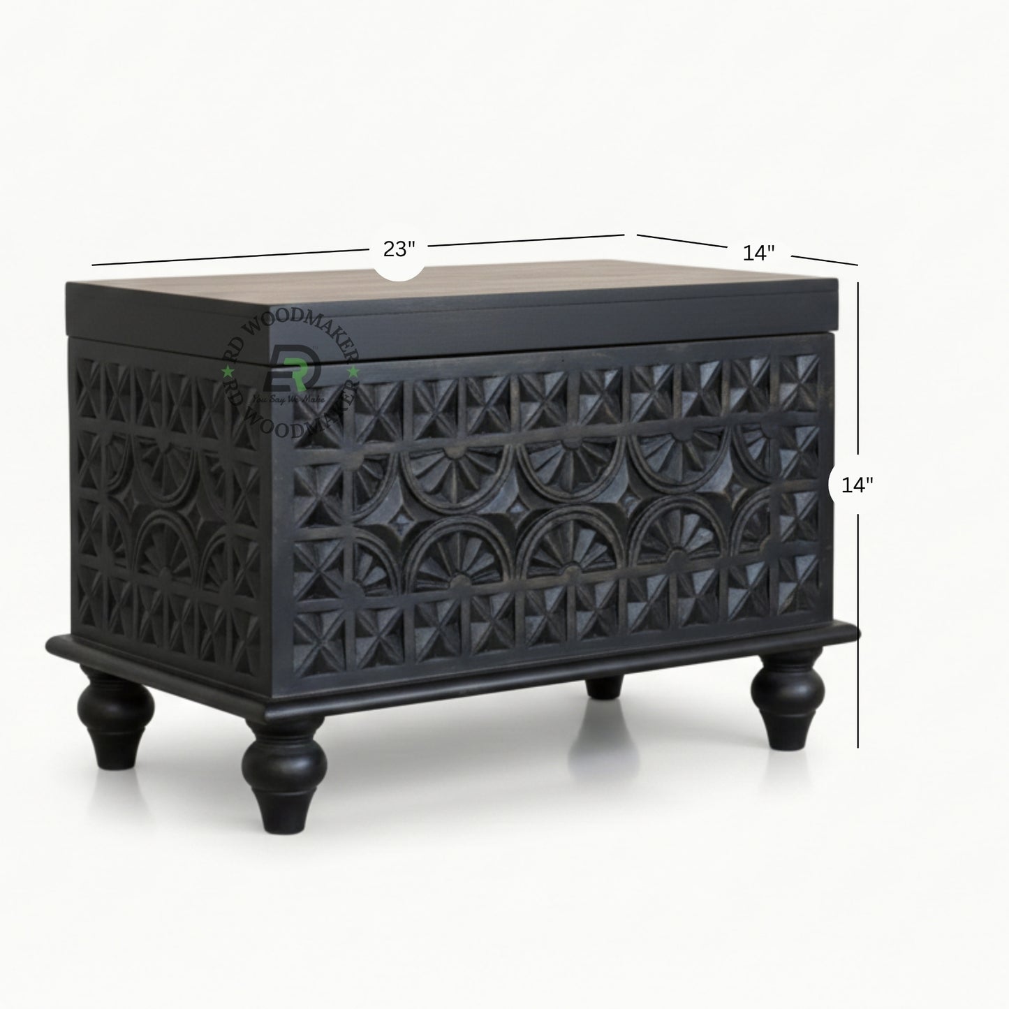 DARK WOOD GEOMETRIC CARVED COMPACT STORAGE TRUNK