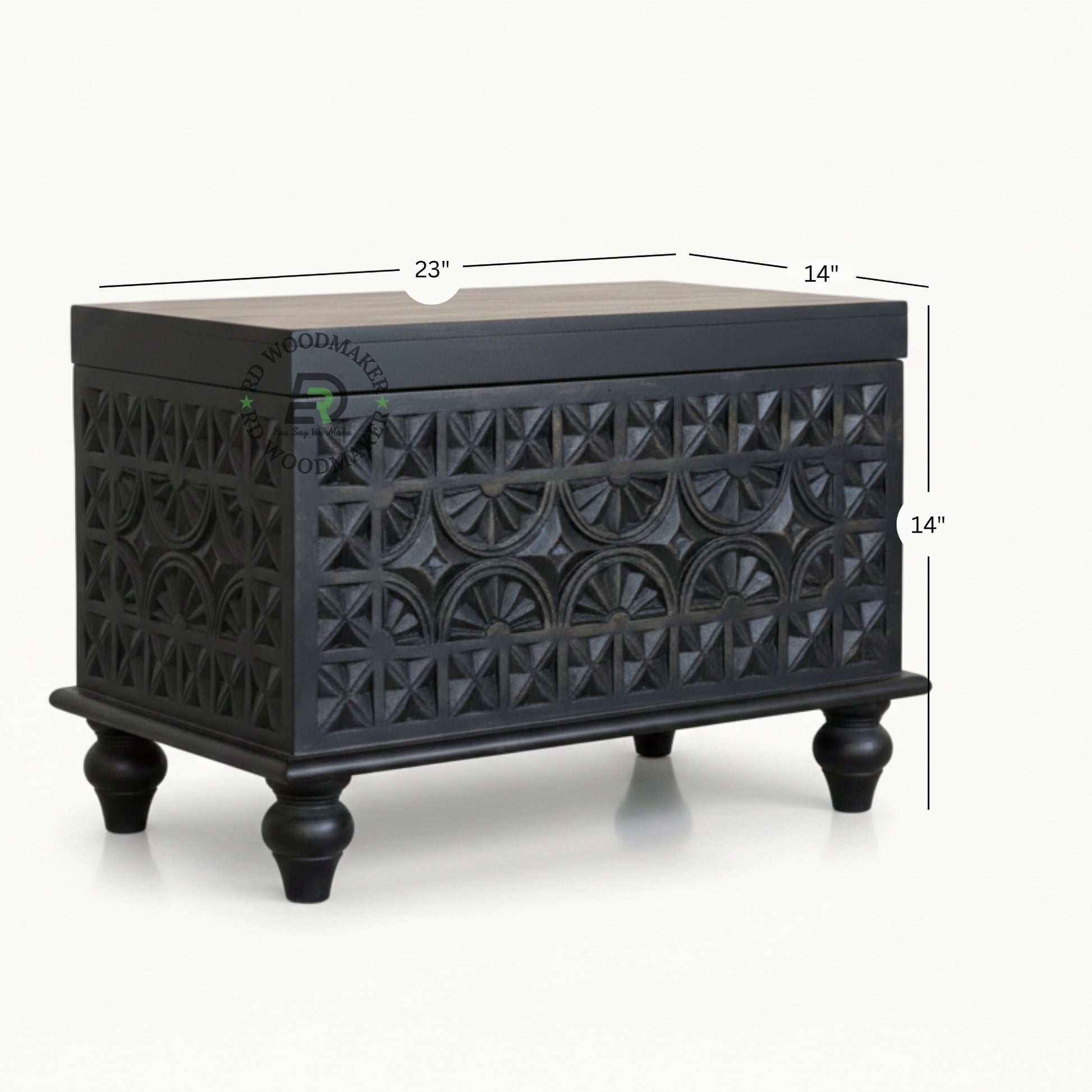 DARK WOOD GEOMETRIC CARVED COMPACT STORAGE TRUNK