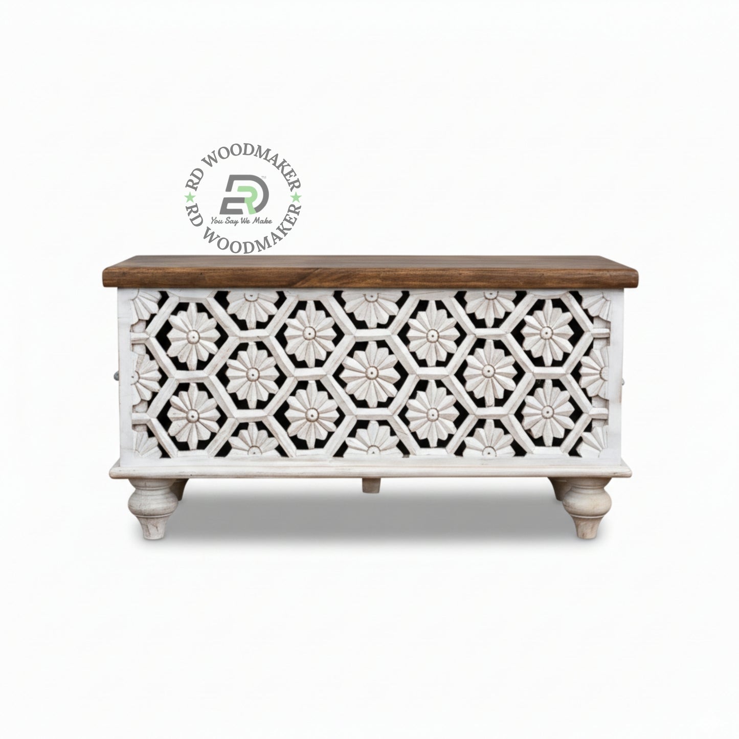 HONEYCOMB FLORAL CARVED DISTRESSED WHITE WOODEN TRUNK