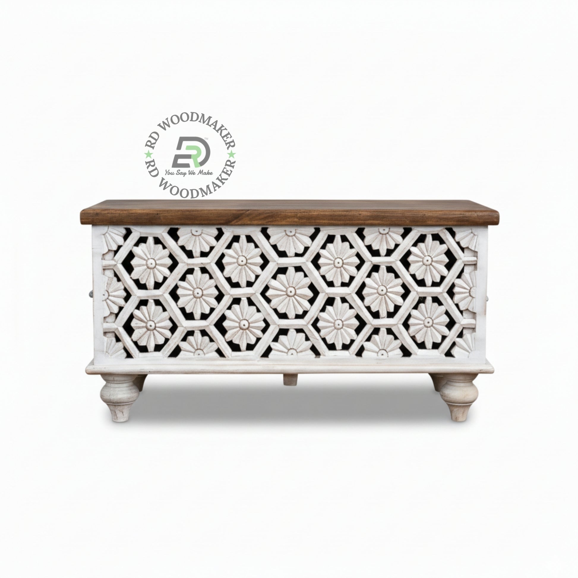 HONEYCOMB FLORAL CARVED DISTRESSED WHITE WOODEN TRUNK