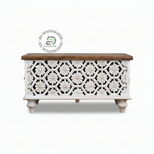 HONEYCOMB FLORAL CARVED DISTRESSED WHITE WOODEN TRUNK
