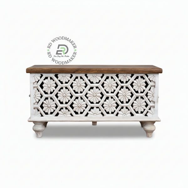 HONEYCOMB FLORAL CARVED DISTRESSED WHITE WOODEN TRUNK