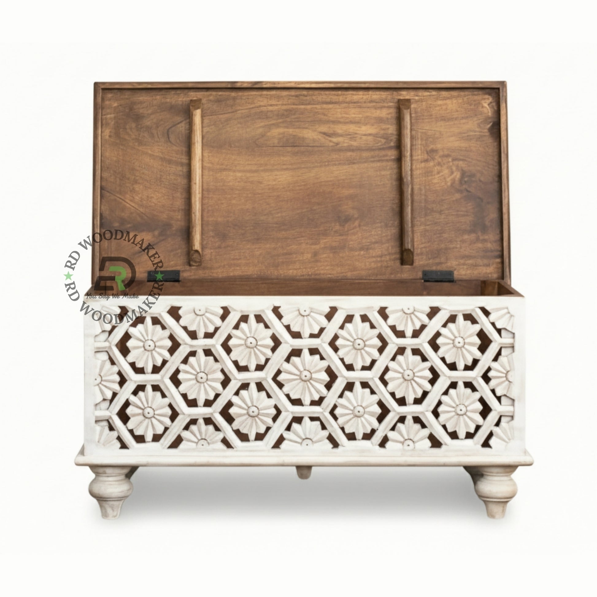 HONEYCOMB FLORAL CARVED DISTRESSED WHITE WOODEN TRUNK