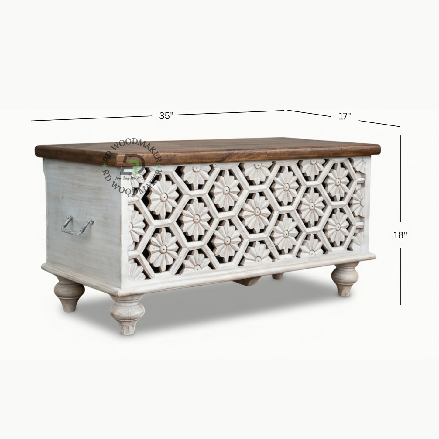 HONEYCOMB FLORAL CARVED DISTRESSED WHITE WOODEN TRUNK