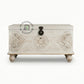 DISTRESSED WHITE CARVED MEDALLION WOODEN STORAGE TRUNK